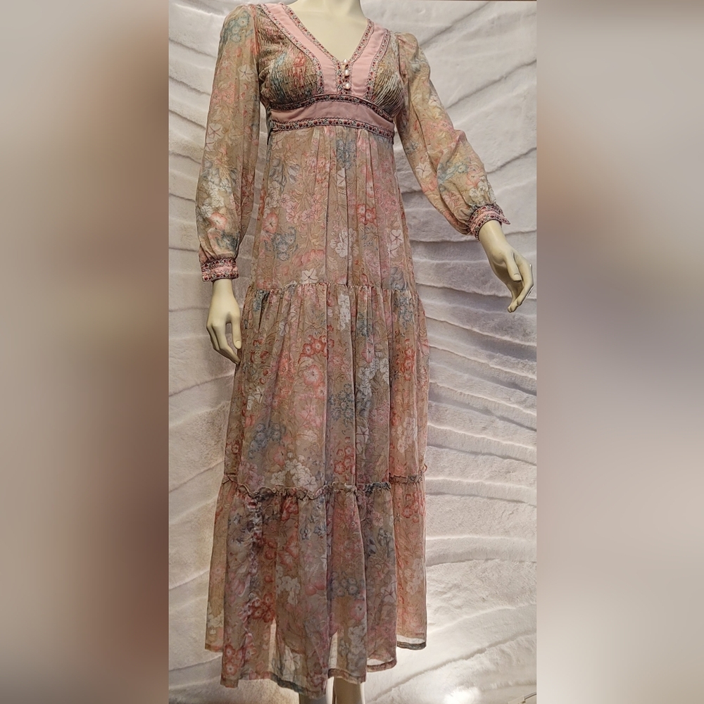 Vintage Candi Jones 1970s Soft Pink Floral Maxi Lined Dress Tie Waist Zip Size 3